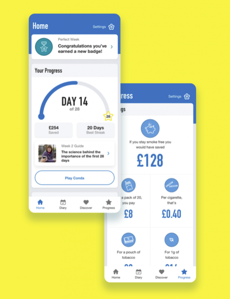Two screenshots of the NHS Quit Smoking App show a progress arc on day 14 of 28, with a perfect week achievement badge, and the total estimated financial savings of not smoking,